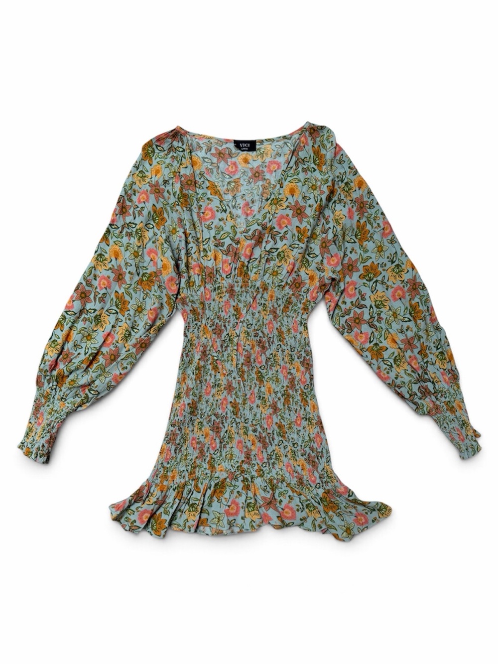 VICI Floral Smocked Mini Dress in Mint with Pink & Orange Blooms